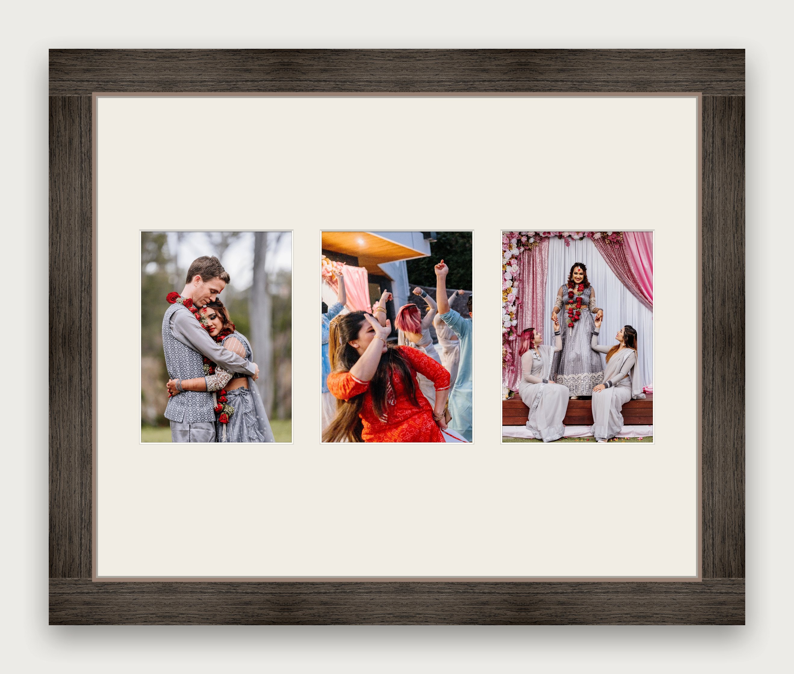 A trio-mat frame mockup in rustic brown